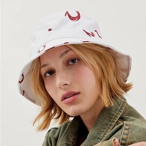 True religion White Bucket Hat with Red Pattern